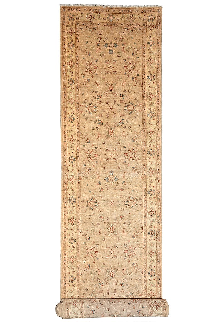 4' x 23.3' Handmade Chobi Peshawar Beige Gold Wool Runner: 4' x 23.3' Handmade Chobi Peshawar Beige Gold Wool Runner Free continental US Shipping This handmade Chobi Peshawar long runner features a beige and gold palette with subtle ivory tones and a classic 