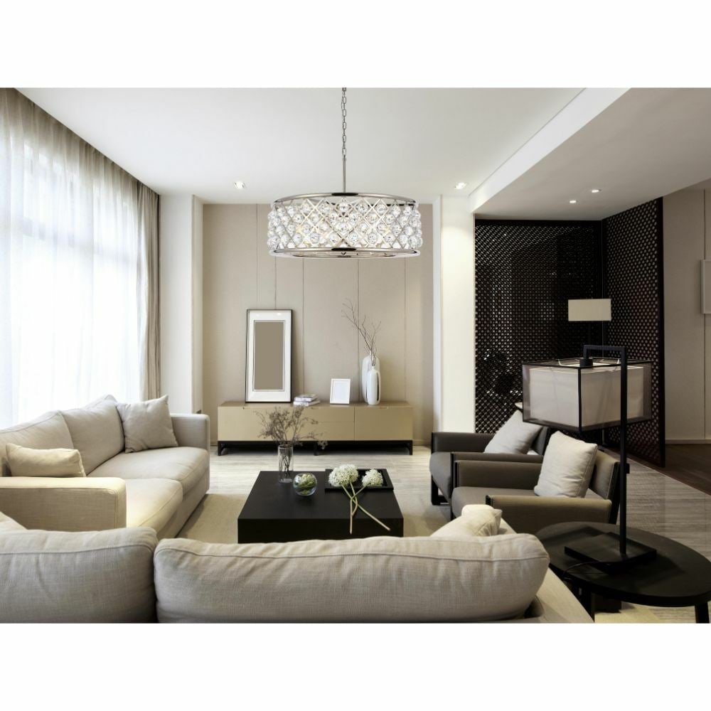 Madison 8 Light Crystal Chandelier Polished Nickel 32 in: Madison 8 Light Crystal Chandelier Polished Nickel 32 in Modern 8-light chandelier with a polished nickel finish, featuring clear faceted royal cut crystal balls and clear crystal glass. It is hardwir