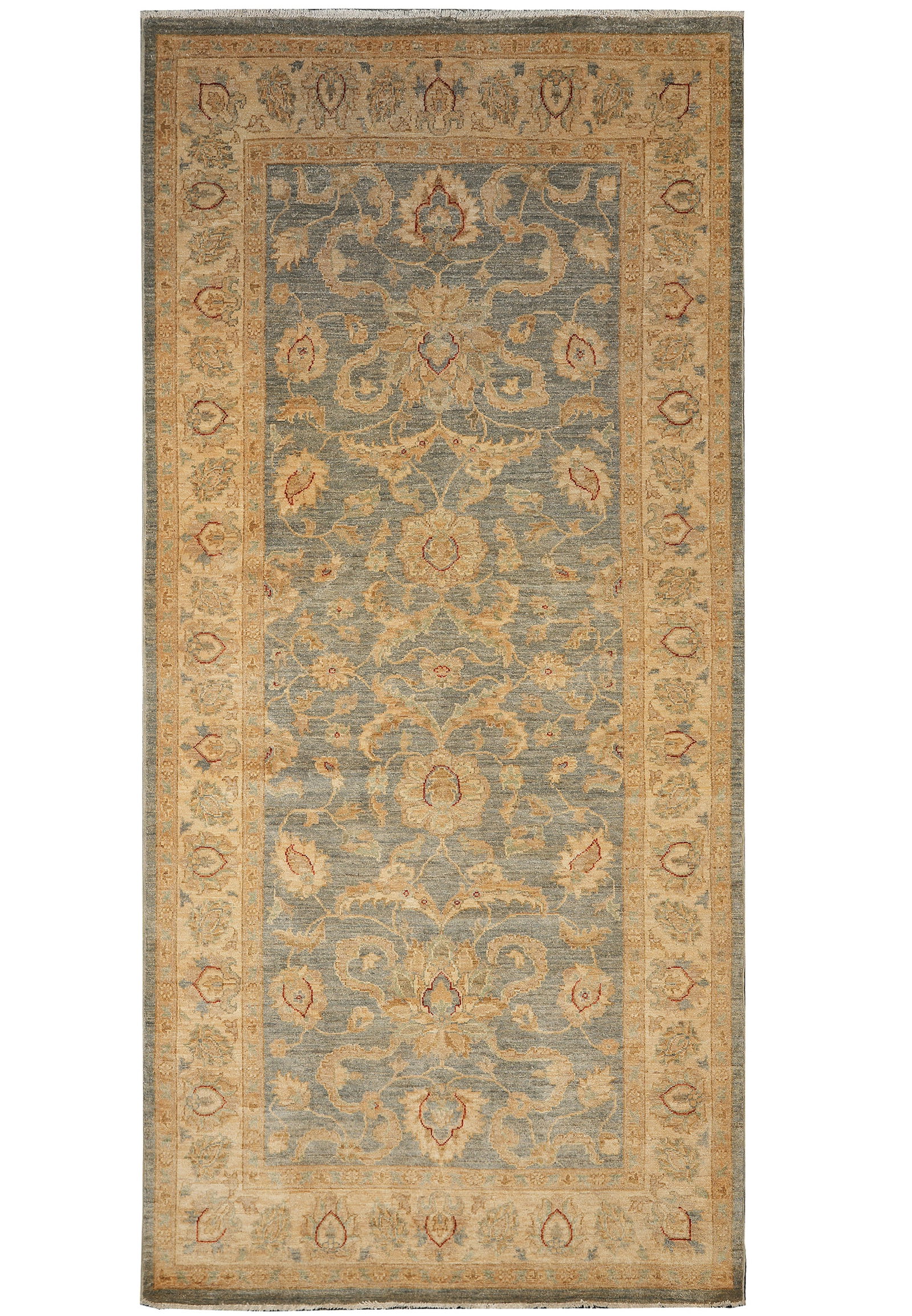 5 x 10 Hand Knotted Pakistan Zigler Wool Runner Sage Green Gray: 5 x 10 Hand Knotted Pakistan Zigler Wool Runner Sage Green Gray Free continental US Shipping Handmade gallery-size runner rug from Pakistan in a sage green and gray palette with beige, gold, and rust 