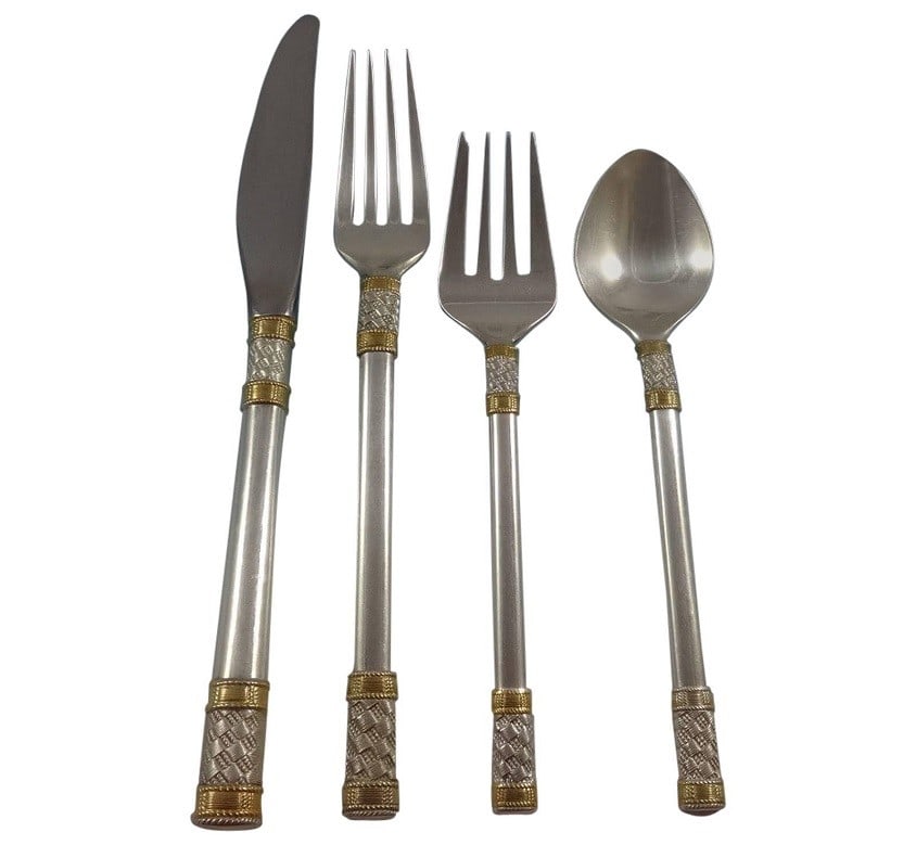 Wallace Sterling Silver Aegean Weave Gold 24-Piece Flatware Set with Caddy: Wallace Sterling Silver Aegean Weave Gold 24-Piece Flatware Set with Caddy Elevate your dining experience with the Aegean Weave Gold flatware set by Wallace, a stunning collection that combines classi