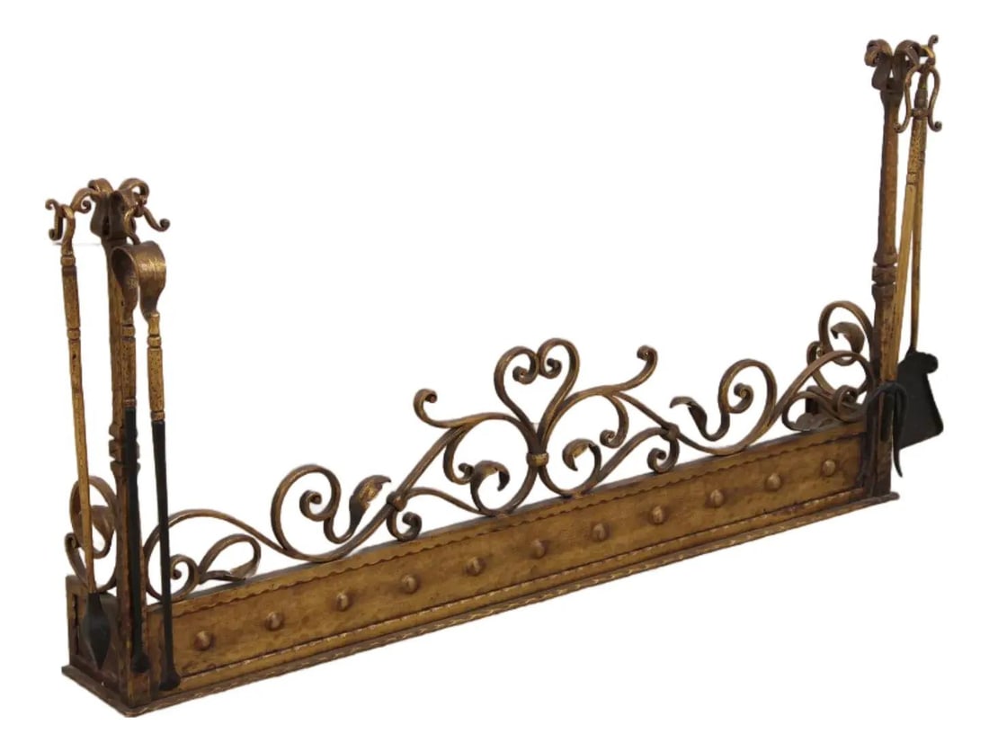 Gothic Revival Iron Fireplace Fender with Tools Gold Finish (1 of 10)