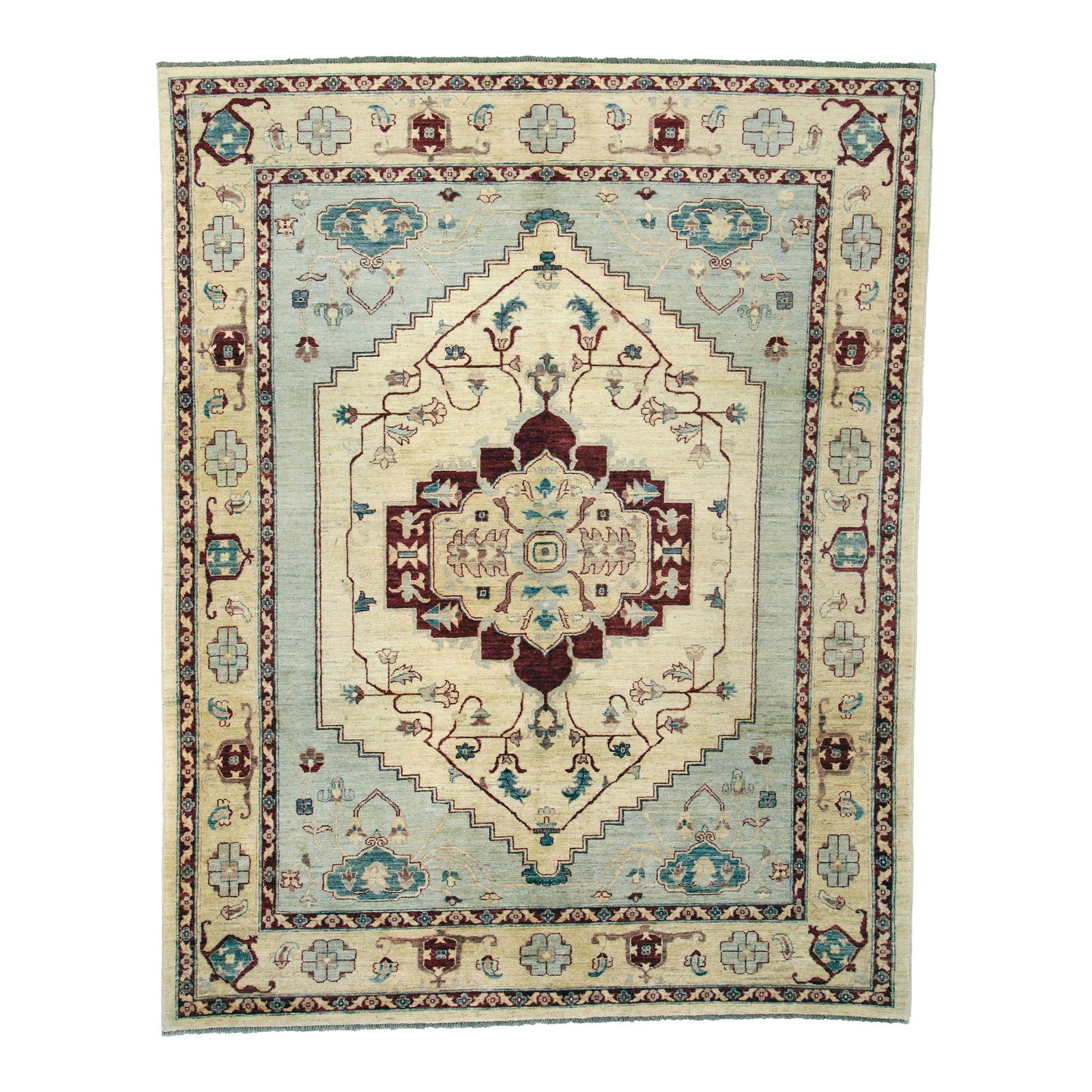 Handmade Gray Wool Rug with Heriz Design 7'10 x 10': Handmade Gray Wool Rug with Heriz Design 7'10 x 10' This exquisite handmade wool rug showcases a light gray field beautifully adorned with a medallion Heriz design. The intricate pattern is enhanced b