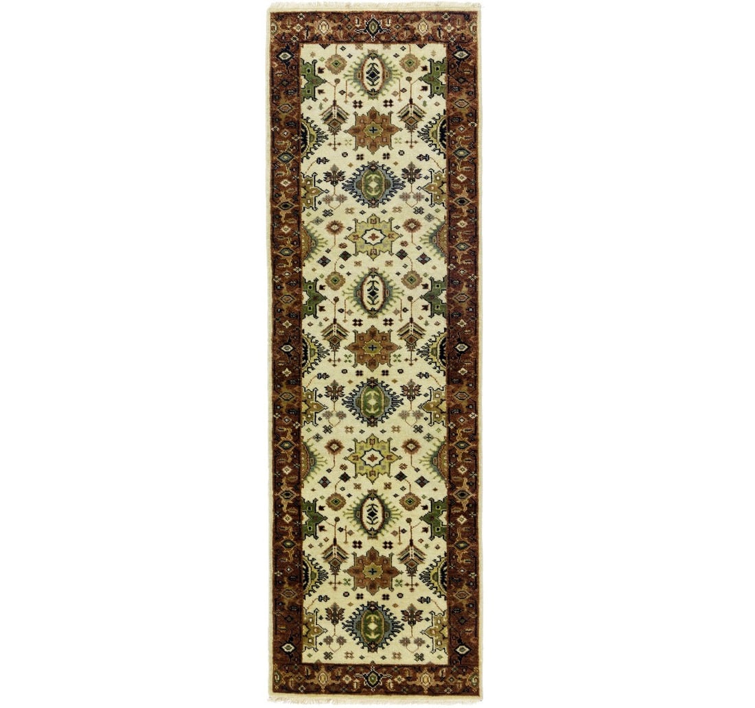 Indo Karajeh Wool Hand Knotted Geometric Runner Rug 2'6 x 8'0: Indo Karajeh Wool Hand Knotted Geometric Runner Rug 2'6 x 8'0 This hand-knotted Indo-Karajeh runner rug features a modern tribal geometric pattern in cream, rust, green, gray, pastel yellow, and rusty