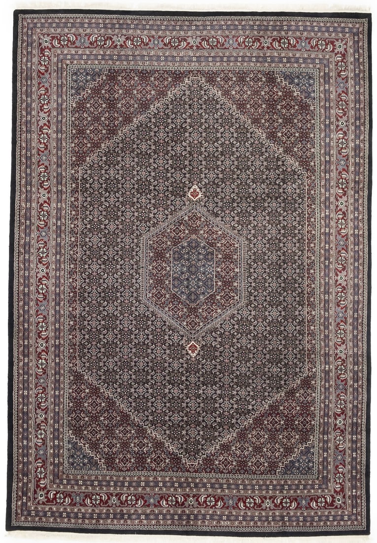 Hand-Knotted Wool Indo-Bidjar Area Rug 9'9 x 14'2 Floral Tribal Pattern: Hand-Knotted Wool Indo-Bidjar Area Rug 9'9 x 14'2 Floral Tribal Pattern This Indo-Bidjar area rug features a hand-knotted wool construction with a striking floral and tribal pattern in shades of black