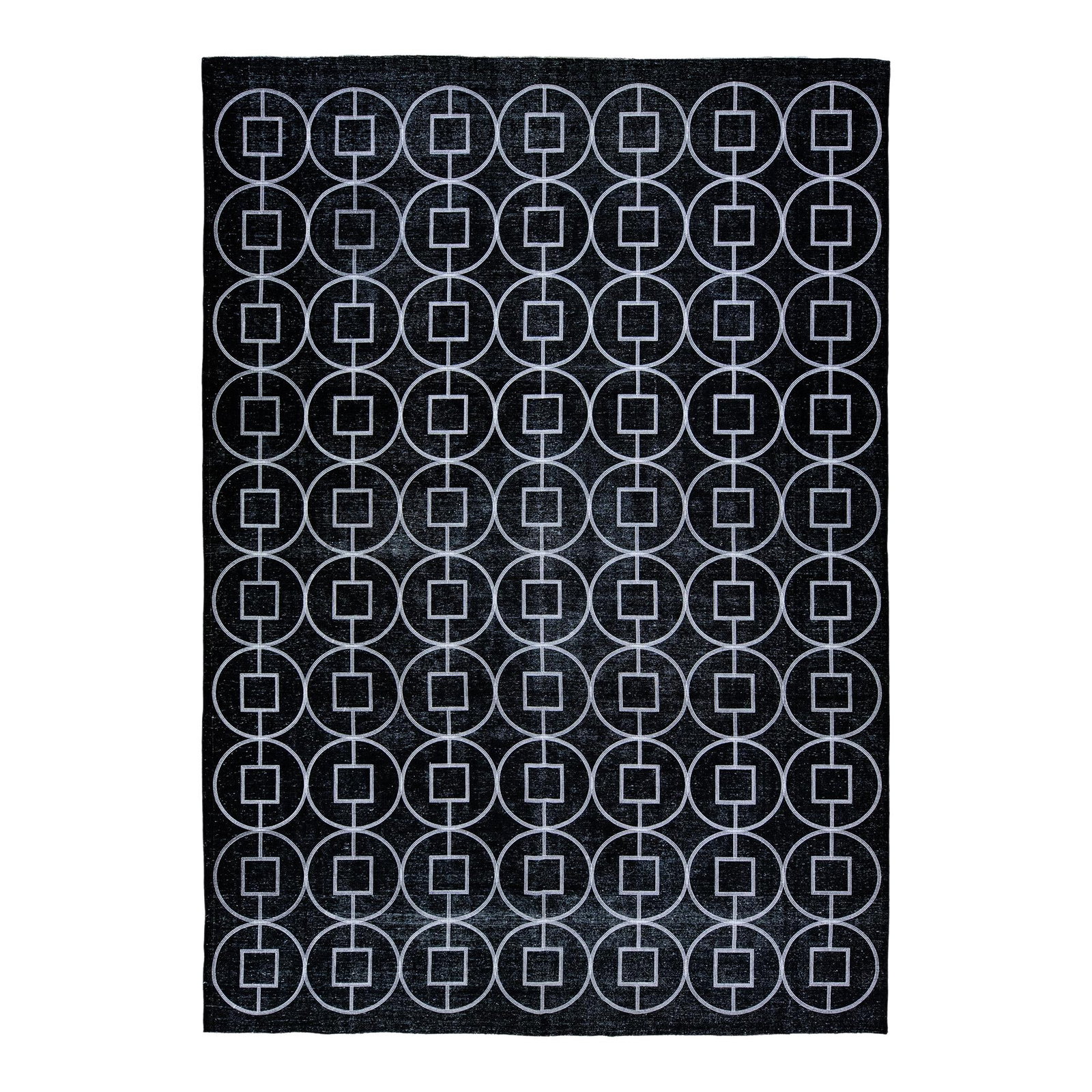 Modern Turkish Black Wool Rug with Geometric Design 9'8 x 13'10: Modern Turkish Black Wool Rug with Geometric Design 9'8 x 13'10 This stunning Turkish handmade wool rug features a modern design with a striking black distressed field. Accented with white, it showcas