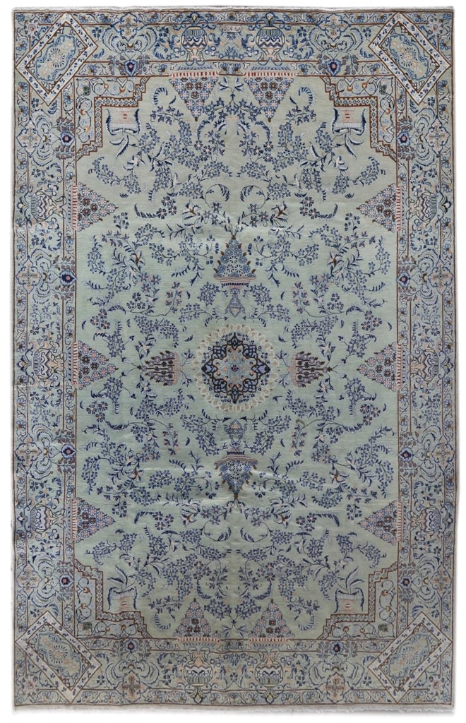 Persian Kashan Signed Rug 10 x 15 Ocean Blue Handmade Wool: Persian Kashan Signed Rug 10 x 15 Ocean Blue Handmade Wool Free continental US Shipping Introducing the exquisite 9' 10" x 15' 4" Ocean Blue Persian Signed Kashan Rug, a stunning blend of traditional 