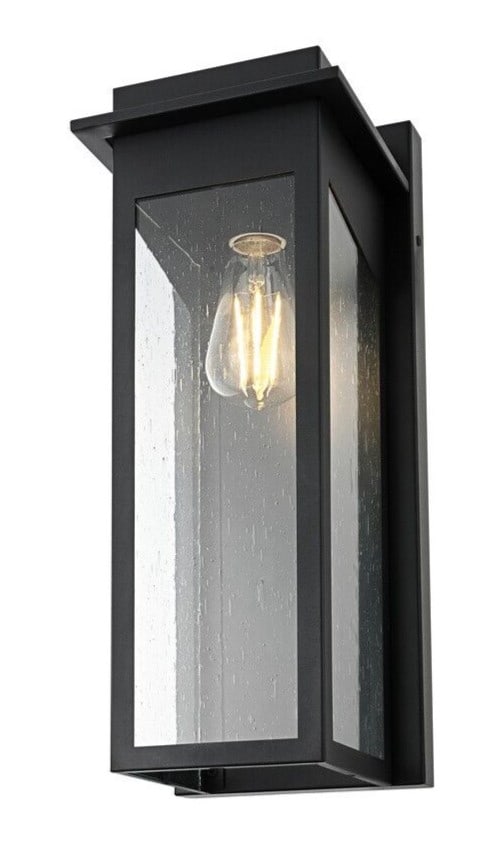 Dunton black iron glass outdoor wall sconce 18.5 inch: Dunton black iron glass outdoor wall sconce 18.5 inch This outdoor wall sconce features a traditional design with a black iron frame and seedy glass, creating a classic look for entryways, patios, por
