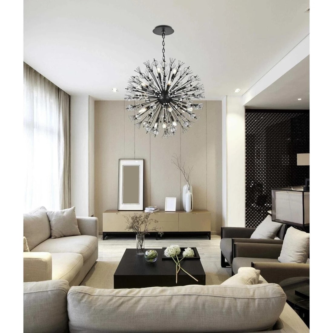 Vera 18-Light Black Crystal Glass Sputnik Chandelier 32": Vera 18-Light Black Crystal Glass Sputnik Chandelier 32" Modern black Sputnik chandelier with an 18-light design featuring clear crystal and glass accents. It is hardwired, height-adjustable, and inte