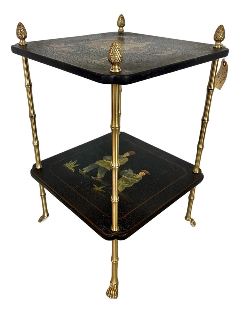 Two Tier Faux Bamboo Chinoiserie Side Table Brass Paw Feet Maison Bagues Style (1 of 10)