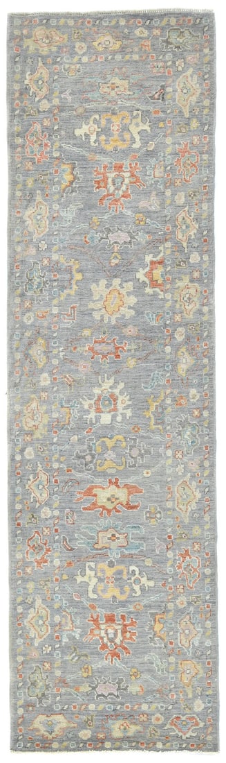 Hand-knotted wool Oushak runner 2'11 x 11'7 muted floral: Hand-knotted wool Oushak runner 2'11 x 11'7 muted floral Enhance your space with this exquisite handspun wool Oushak runner rug, measuring 2'11" x 11'7". Featuring a muted floral design in shades of g