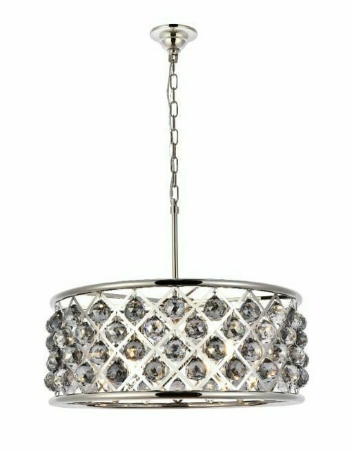 Madison 25 in Crystal Chandelier Polished Nickel 6 Light: Madison 25 in Crystal Chandelier Polished Nickel 6 Light This modern 6-light chandelier features a polished nickel finish with crystal balls and silver shade faceted royal cut crystal elements. It is 