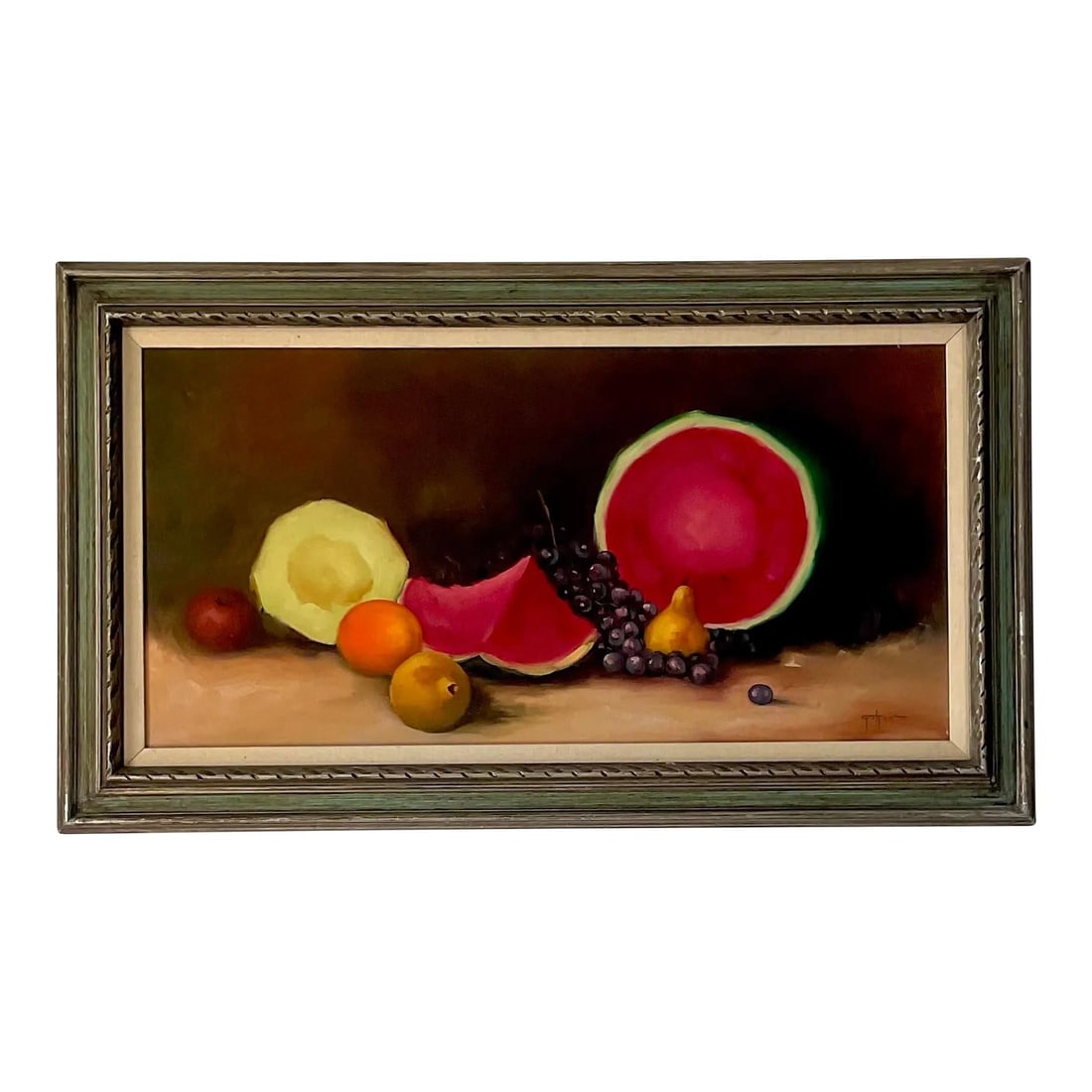 Vintage Boho Signed Oil Painting Tabletop Still Life Green Frame: Vintage Boho Signed Oil Painting Tabletop Still Life Green Frame Discover this stunning vintage Boho original oil painting on canvas, featuring a chic tabletop still life in vivid, bright colors. This