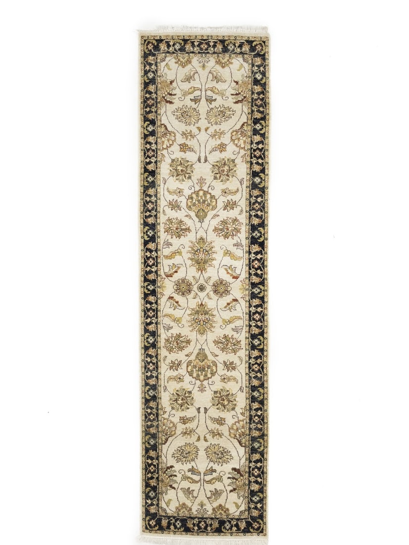 Wool Hand Knotted Agra Jaipur Floral Runner 2'6 x 9'9: Wool Hand Knotted Agra Jaipur Floral Runner 2'6 x 9'9 Enhance your space with this exquisite hand-knotted Agra Jaipur runner rug, featuring a stunning floral pattern in muted colors such as cream, cha