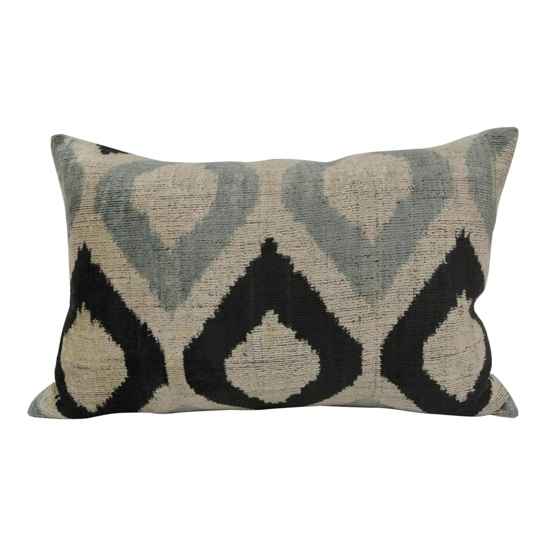 Handcrafted Ikat Velvet Silk Cushion with Linen Back and Feather Insert: Handcrafted Ikat Velvet Silk Cushion with Linen Back and Feather Insert This hand-made pillow cushion features a Silk Uzbek Ikat velvet front with a natural linen backing and a hidden zipper for a ref