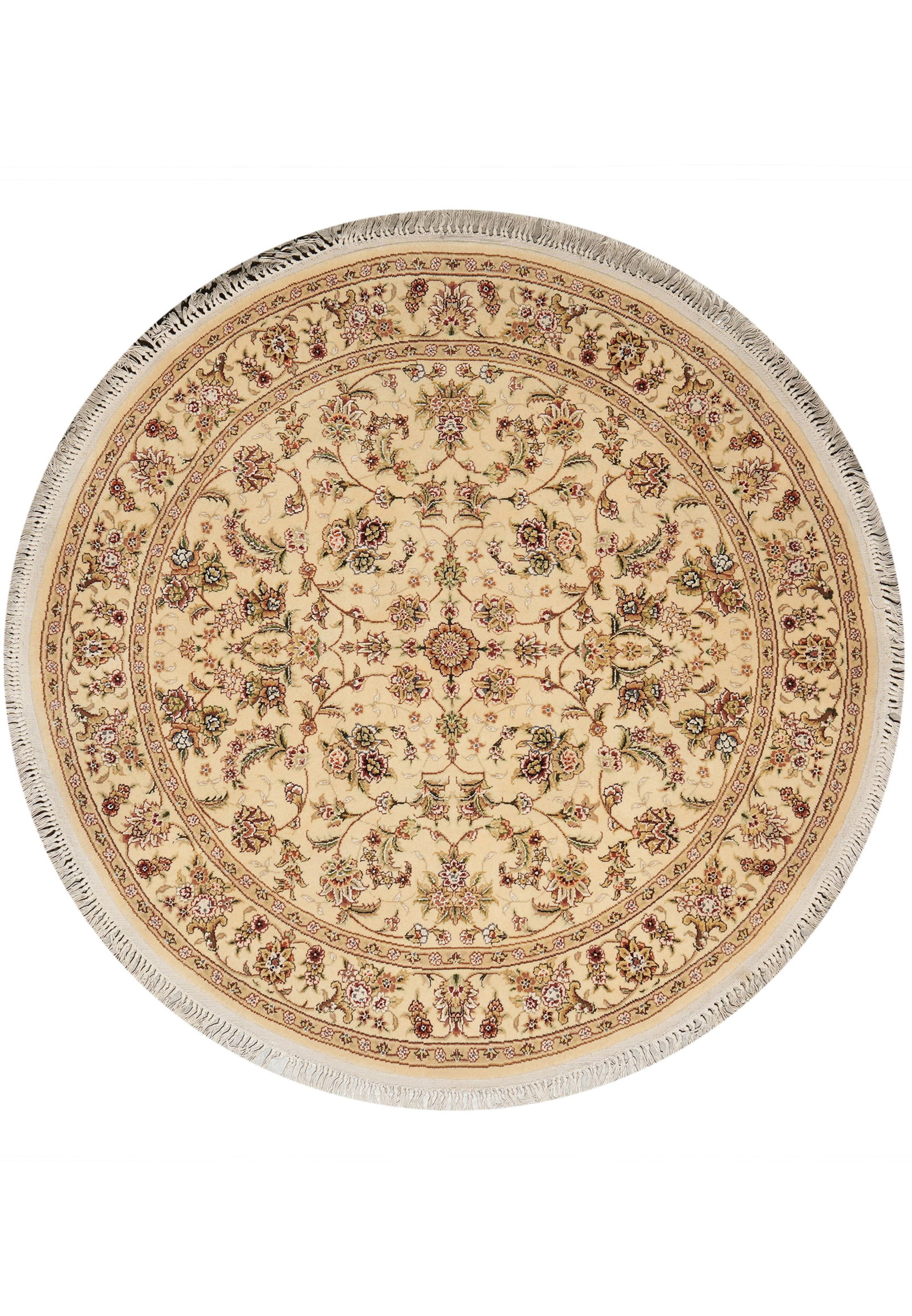 5 x 5 Round Hand Knotted Tabriz Wool and Silk Area Rug: 5 x 5 Round Hand Knotted Tabriz Wool and Silk Area Rug Free continental US Shipping This handmade area rug is a 5 x 5 round rug with a Tabriz pattern, featuring beige tones with green, burgundy, and g