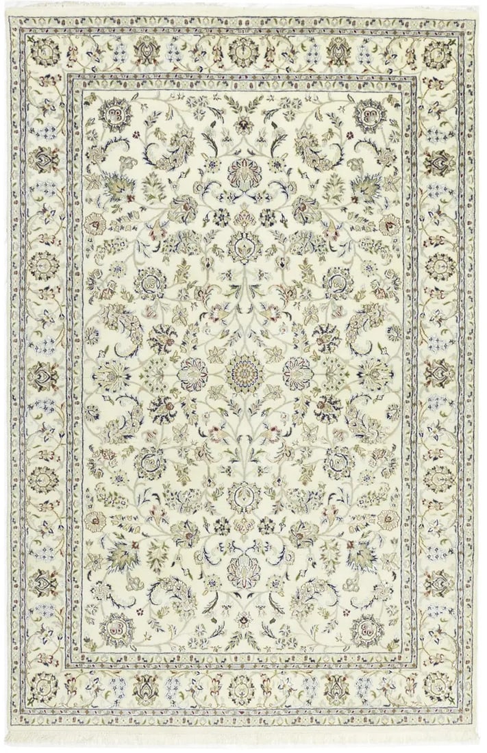Hand-Knotted Indo-Nain Wool Silk Area Rug 6'5 x 9'9 Floral Pattern: Hand-Knotted Indo-Nain Wool Silk Area Rug 6'5 x 9'9 Floral Pattern This handmade area rug features a classic Indo-Nain floral pattern, crafted from fine wool and silk. Showcasing a blend of cream, buf