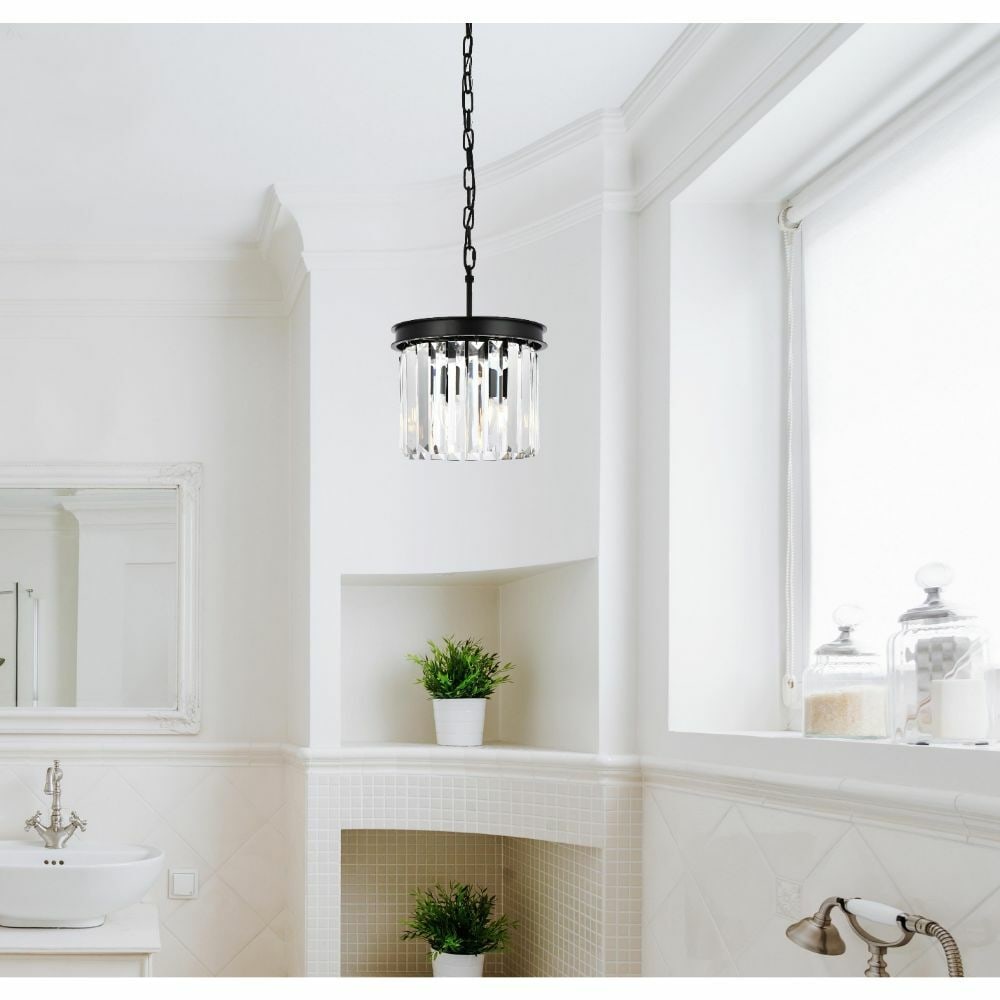 Sydney 12 in Crystal Pendant Light Matte Black 3-Light: Sydney 12 in Crystal Pendant Light Matte Black 3-Light Modern crystal pendant chandelier with a matte black finish, designed for indoor use in dining rooms, kitchens, living rooms, bedrooms, hallways,