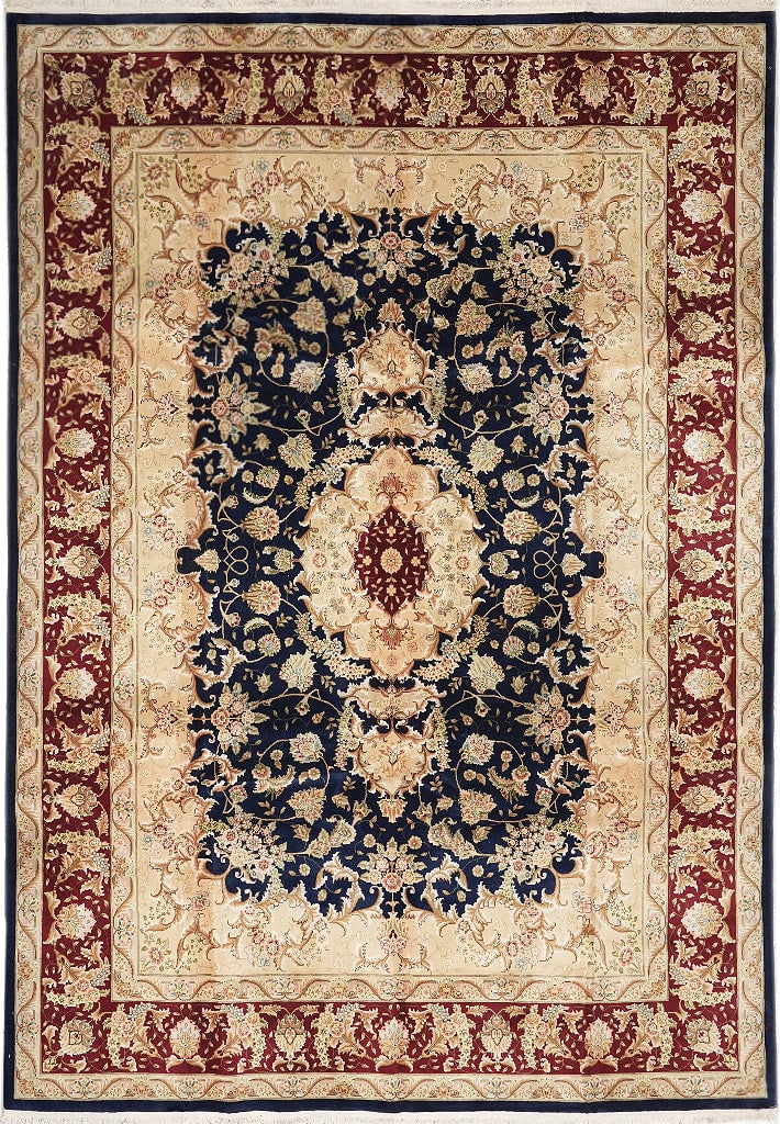 Midnight Blue Hand-Knotted Rug 103 x 140 in Wool Silk Chinese French Pattern: Midnight Blue Hand-Knotted Rug 103 x 140 in Wool Silk Chinese French Pattern Free continental US Shipping This hand-knotted area rug features a midnight blue, burgundy, ivory, pink, and green color pa