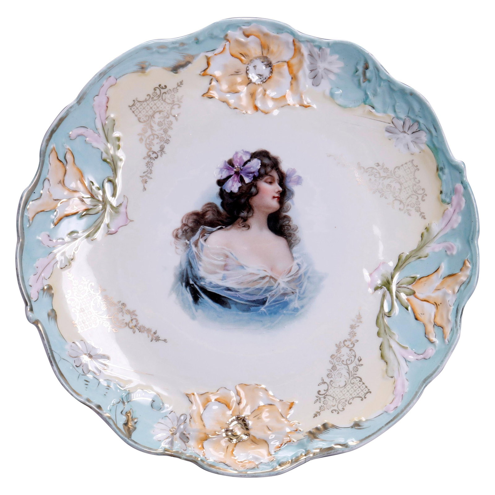 RS Prussia C1900 Hand-Painted Gilt Portrait Plate 12" Diameter (1 of 4)