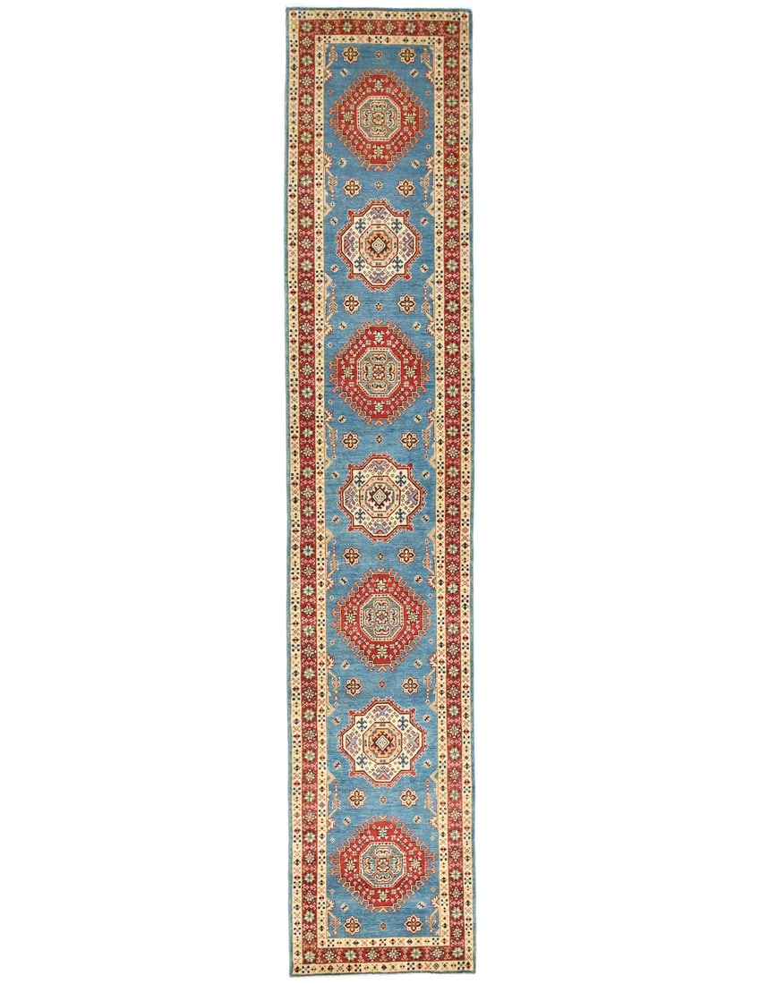 Wool Hand Knotted Kazak Runner Rug 2'8 x 13'10 Tribal Geometric: Wool Hand Knotted Kazak Runner Rug 2'8 x 13'10 Tribal Geometric Enhance your living space with this stunning Tribal Geometric Kazak Runner Rug, perfect for adding a touch of modern bohemian flair to y
