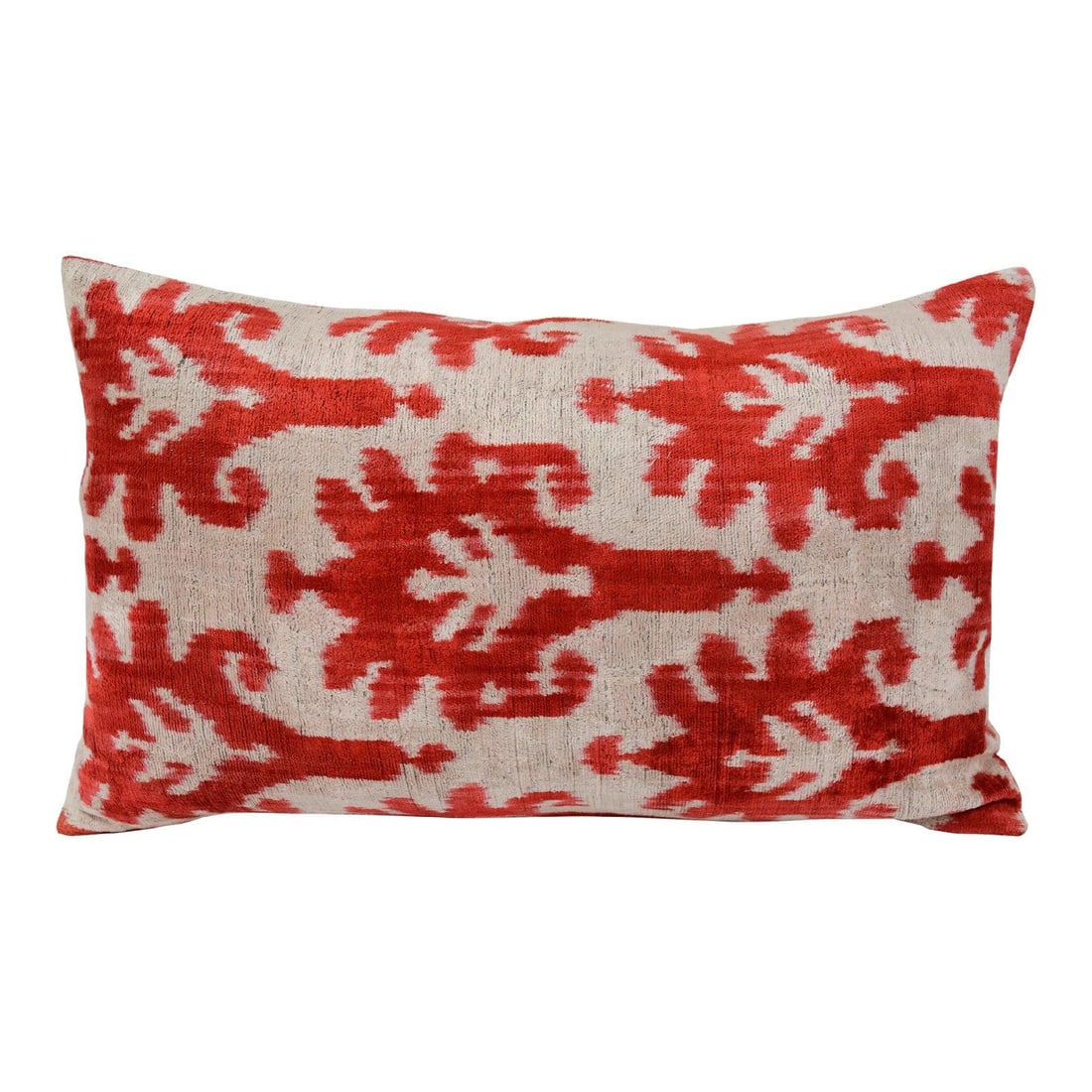 Red Uzbek Ikat Velvet Pillow with Linen Backing: Red Uzbek Ikat Velvet Pillow with Linen Backing This handcrafted pillow cushion features a luxurious Uzbek Ikat velvet front made from silk, complemented by a natural linen backing and a hidden zipper