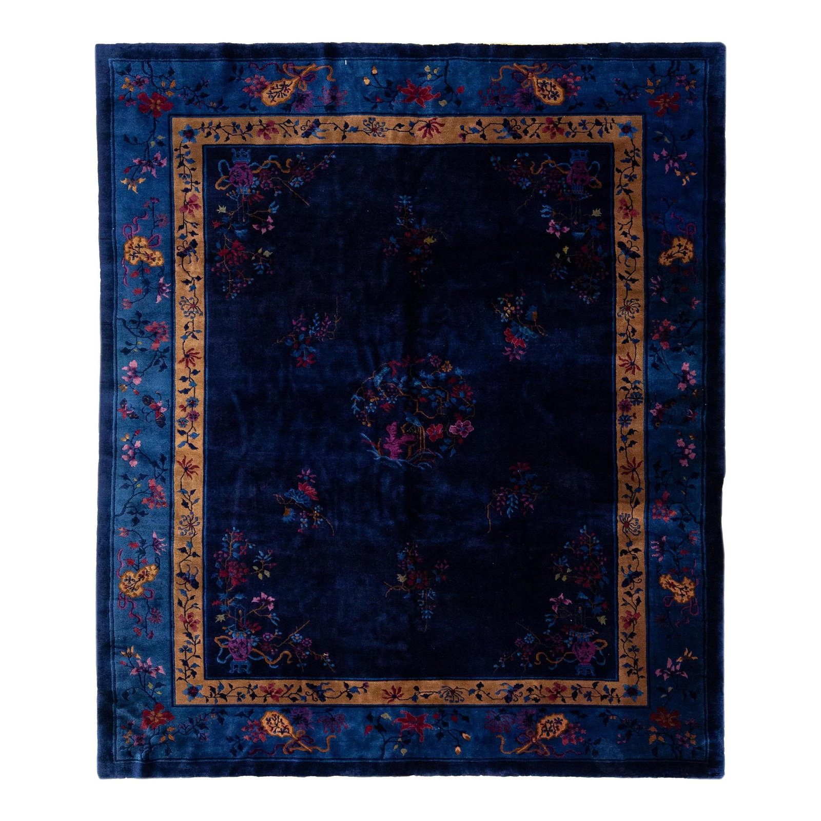 Antique Peking Handmade Wool Rug 8'4" x 9'9" Floral Design: Antique Peking Handmade Wool Rug 8'4" x 9'9" Floral Design This exquisite antique Peking Chinese rug features a rich navy blue field, accented by a tan frame and vibrant multi-color floral motifs that