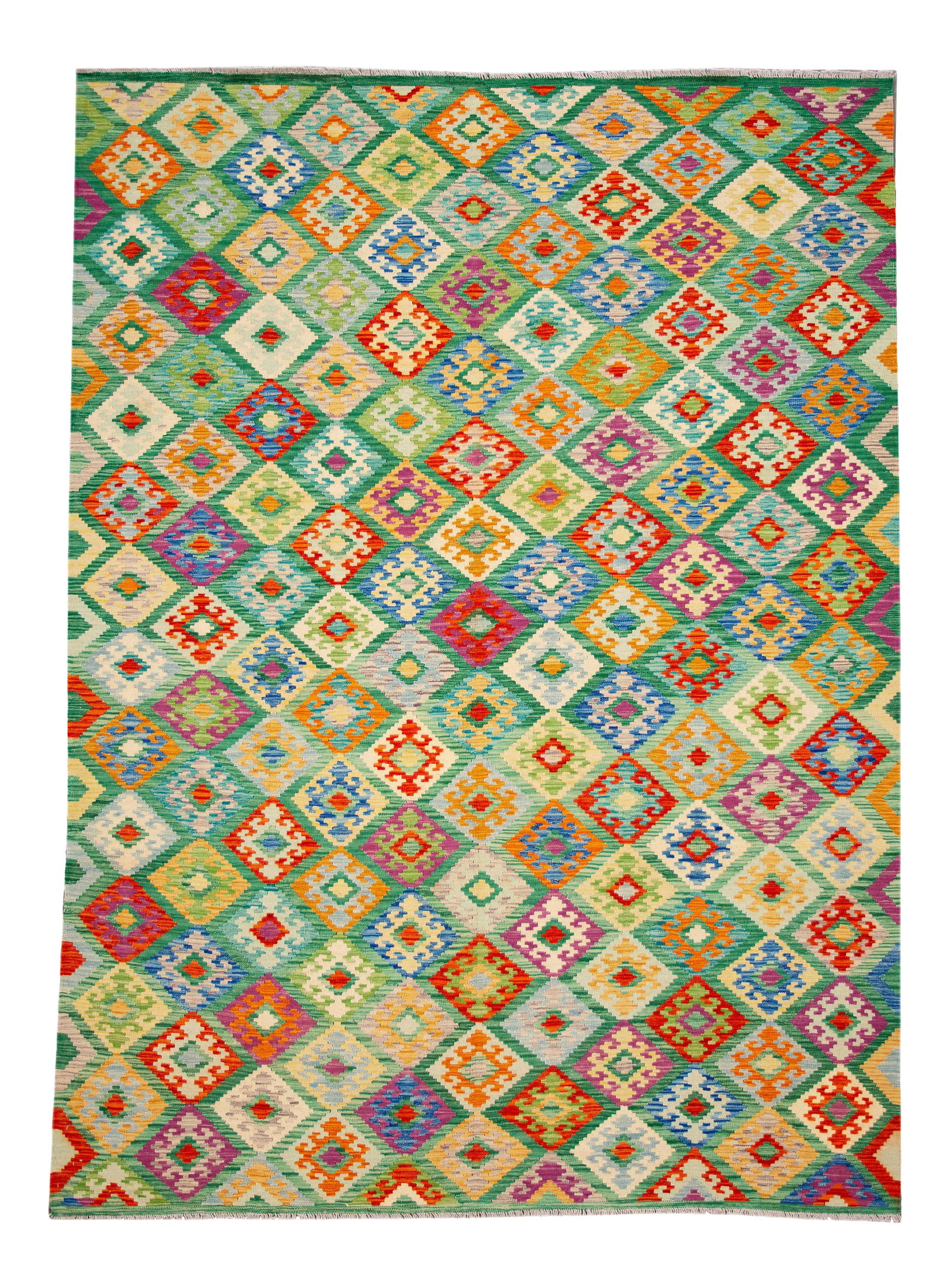 Vibrant Modern Kilim Handmade Wool Rug 8'2 x 11'2 Green Geometric Design: Vibrant Modern Kilim Handmade Wool Rug 8'2 x 11'2 Green Geometric Design This stunning Modern Kilim Handmade Wool Rug features a vibrant multi-color field with an intricate all-over geometric design, 