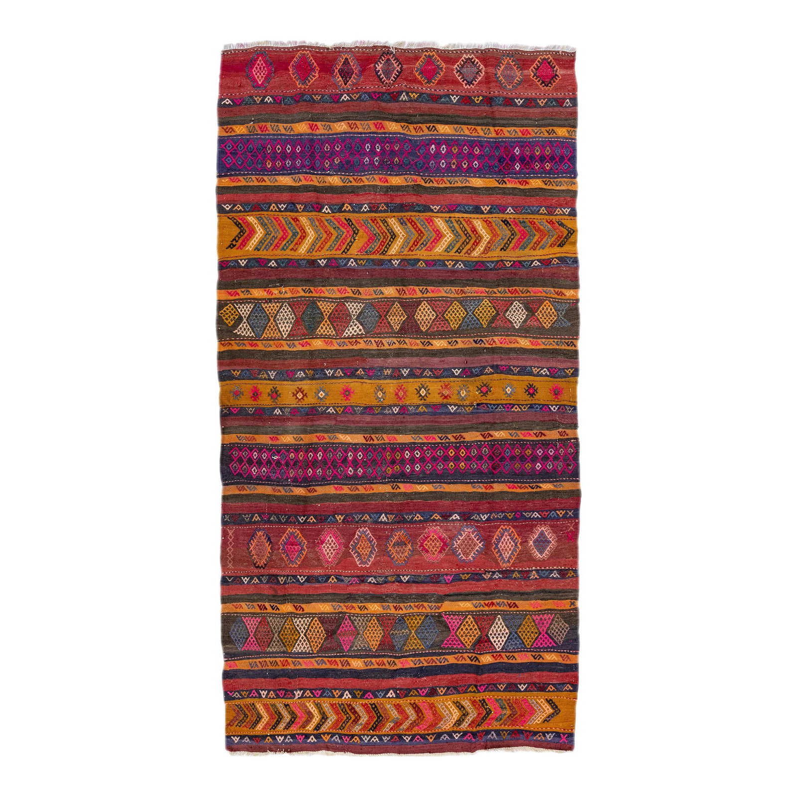 Vintage Turkish Kilim Multicolor Geometric Wool Rug 5'7 x 10'9: Vintage Turkish Kilim Multicolor Geometric Wool Rug 5'7 x 10'9 This stunning vintage Turkish Kilim rug is expertly hand-knotted from high-quality wool, showcasing a vibrant red field adorned with mult
