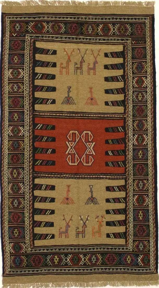 Hand-Woven Wool Geometric Tribal Area Rug 3'3 x 5'11 Multicolor Modern: Hand-Woven Wool Geometric Tribal Area Rug 3'3 x 5'11 Multicolor Modern This flat-weave Oriental rug features a geometric Herati pattern in a tribal style, crafted from hand-woven wool. The rug display