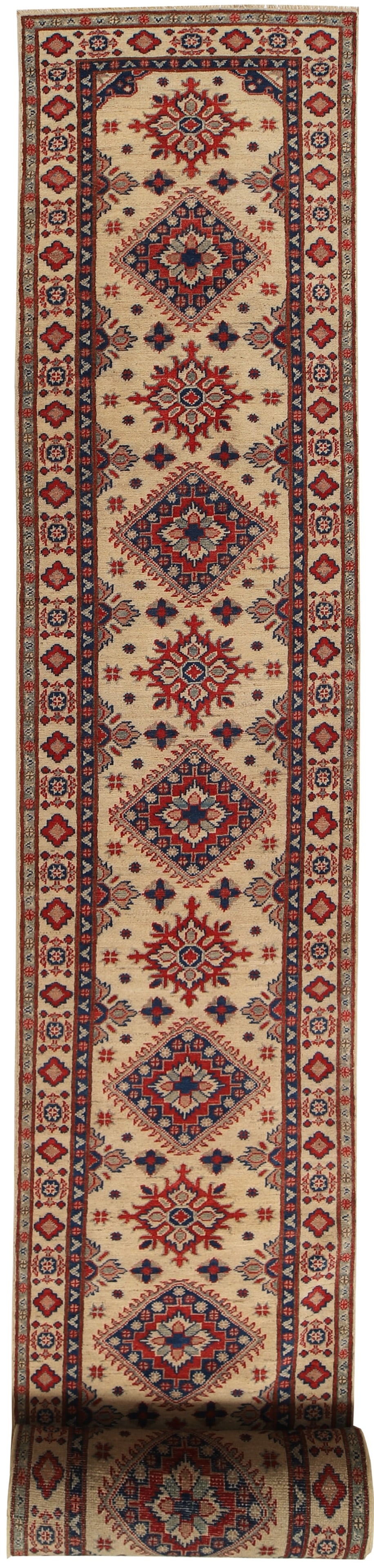 Handmade Ivory Kazak Runner Rug 2.8 x 25.11 Natural Wool: Handmade Ivory Kazak Runner Rug 2.8 x 25.11 Natural Wool Free continental US Shipping Elevate your space with the exquisite 2.8 x 25.11 Beautiful Handmade Ivory Kazak Runner Rug. This stunning runner 