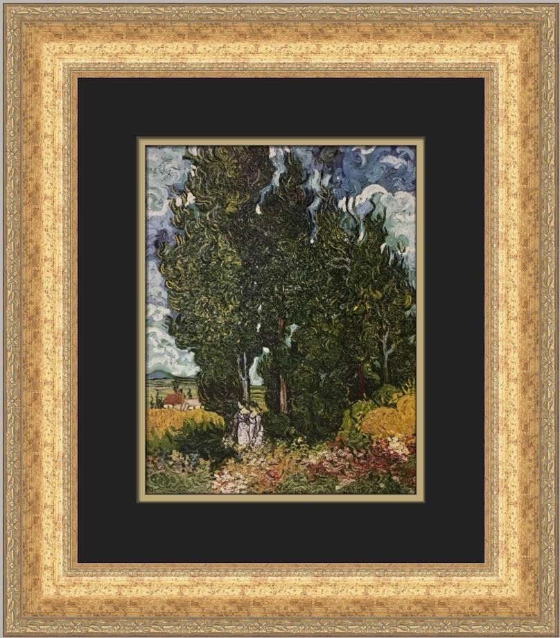Vincent Van Gogh Cypresses with Two Female Figures Custom Framed Print: Vincent Van Gogh Cypresses with Two Female Figures Custom Framed Print This exquisite custom-framed print features Vincent Van Gogh's renowned artwork "Cypresses with Two Female Figures." Measuring 17