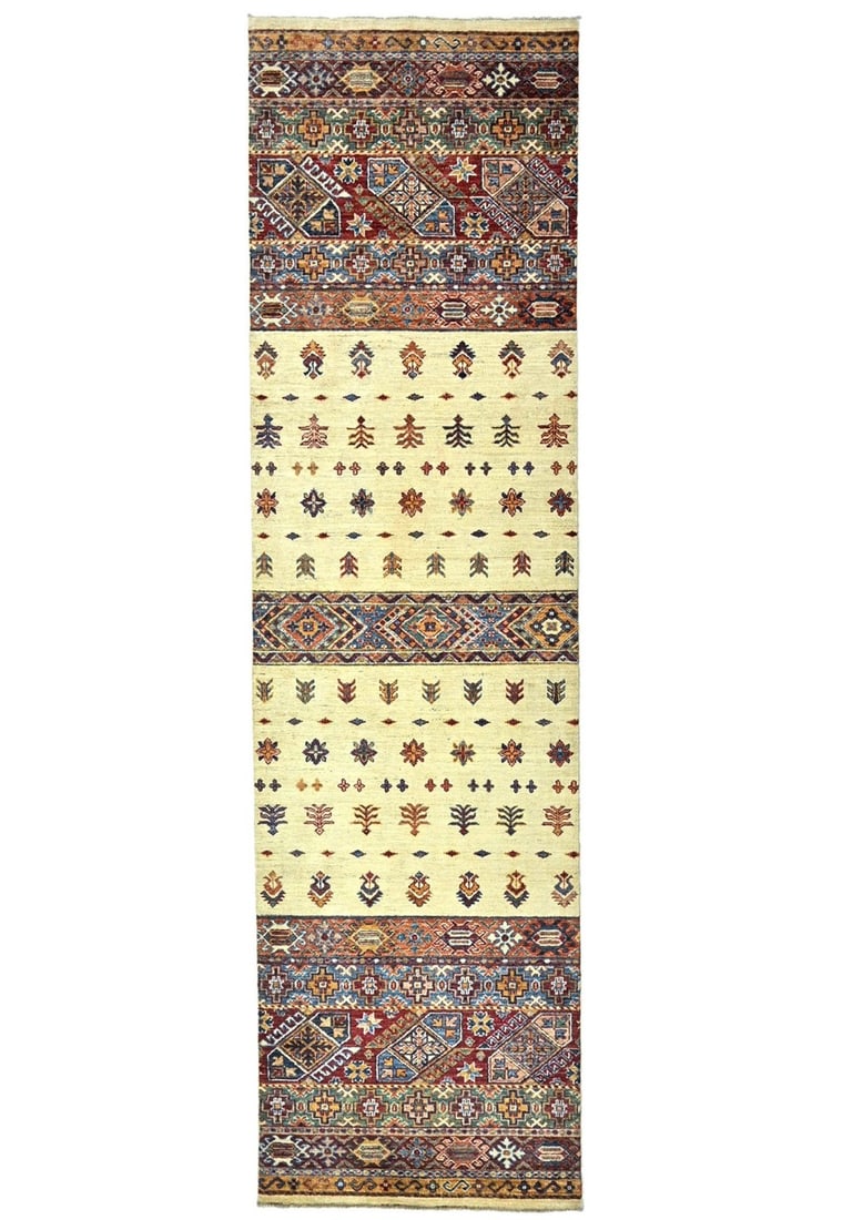 Hand Knotted Wool Floral Kazak Peshawar Runner 2'8 x 9'9: Hand Knotted Wool Floral Kazak Peshawar Runner 2'8 x 9'9 Enhance your space with this exquisite Cream Floral Kazak Peshawar Runner Rug, expertly crafted from handspun wool. Measuring approximately 2'8