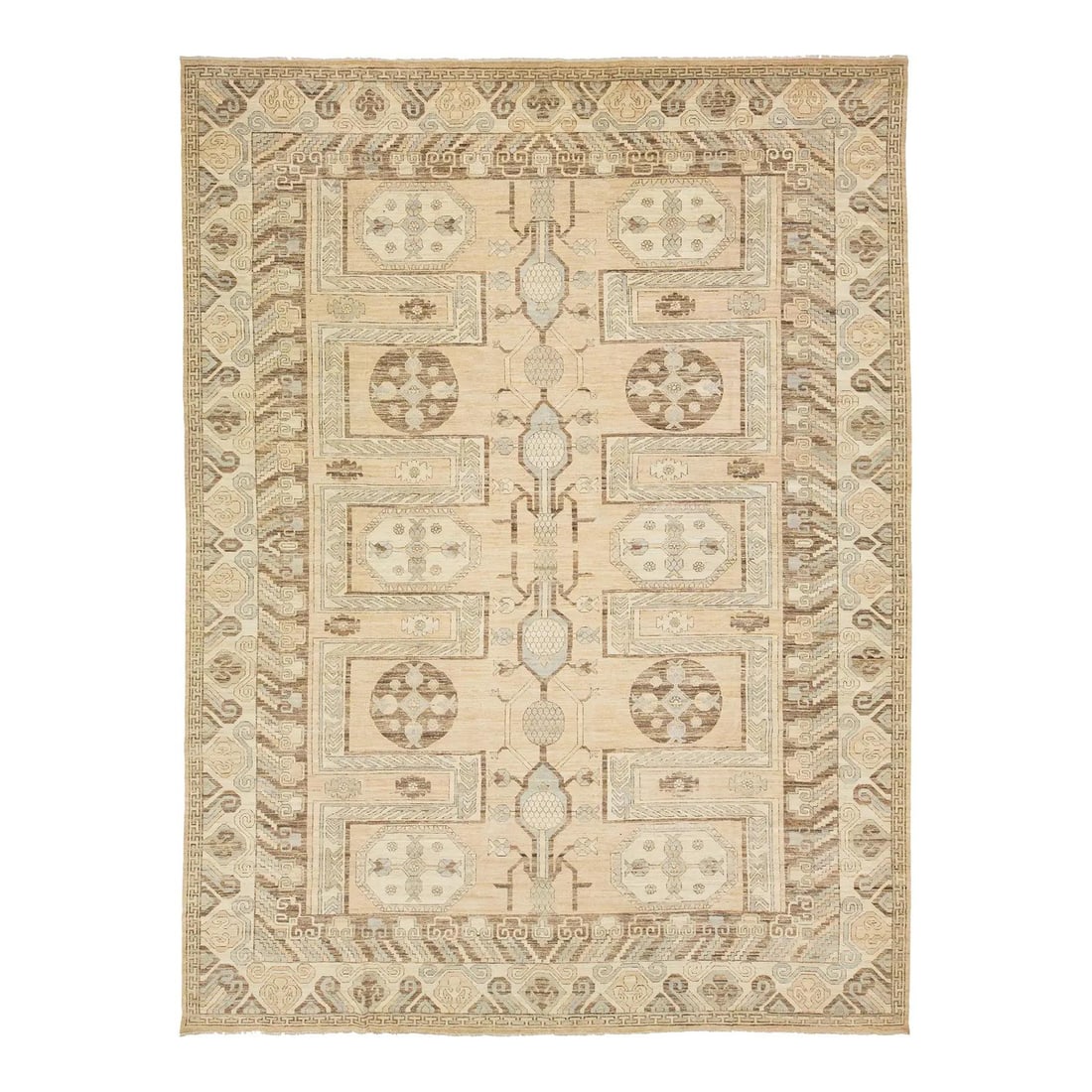 13'2 x 17'8 Modern Khotan Handmade Beige Wool Rug: 13'2 x 17'8 Modern Khotan Handmade Beige Wool Rug Enhance your living space with this exquisite Khotan-style hand-knotted wool rug. Featuring a warm beige field adorned with striking brown and blue ac