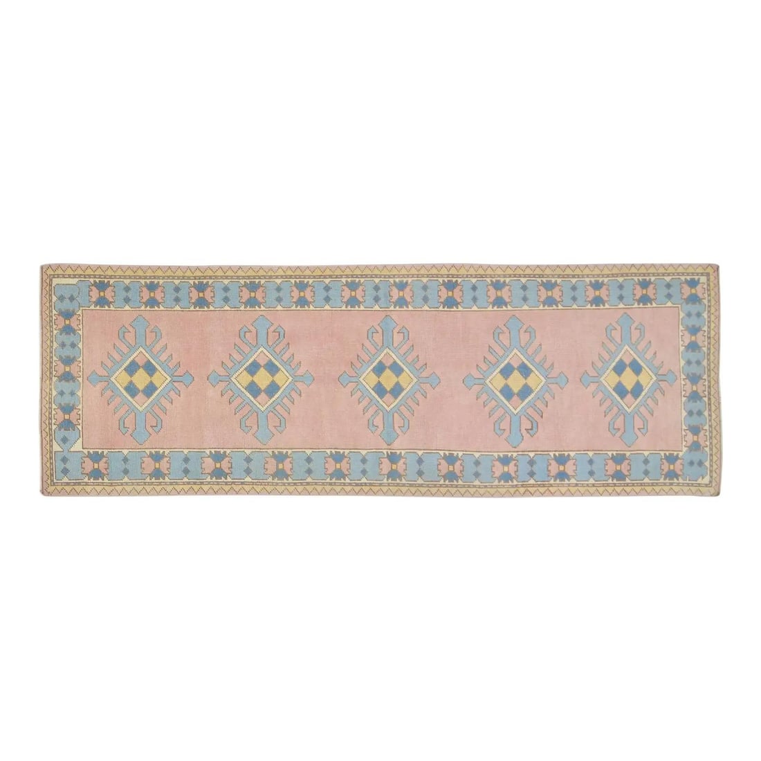 Turkish Oushak Wool Rug in Pink Hand Knotted 3'3" x 9'7" Vintage: Turkish Oushak Wool Rug in Pink Hand Knotted 3'3" x 9'7" Vintage This vintage Turkish Oushak rug from the 1960s features a hand-knotted design crafted from organic wool. The rug showcases natural colo