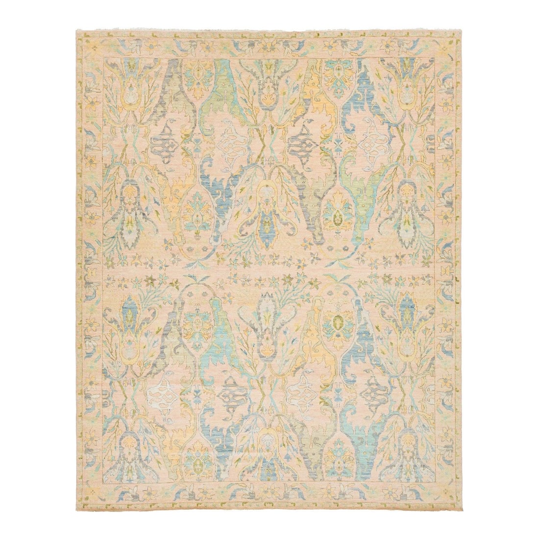 Room Size Peach Oushak Style Handmade Wool Rug with Floral Motifs: Room Size Peach Oushak Style Handmade Wool Rug with Floral Motifs Discover the beauty of this Room Size Modern Floral Oushak Style Wool Rug, expertly handmade to combine contemporary design with tradi