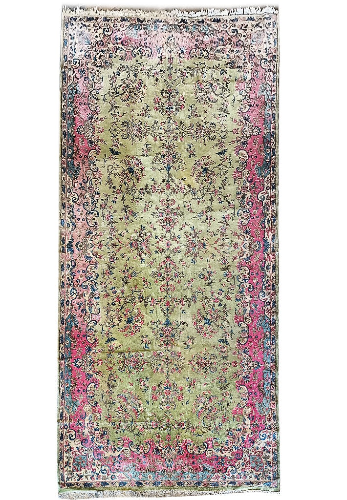 Antique Persian Kerman Rug 8.9 x 18.8 Green Hand-Knotted Wool: Antique Persian Kerman Rug 8.9 x 18.8 Green Hand-Knotted Wool Free continental US Shipping Experience the elegance of the Antique Persian Kerman Rug in Green, a captivating piece that reflects the art