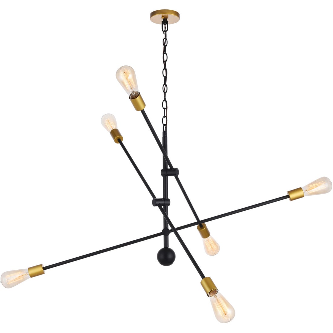 Axel 42 in 6 Light Pendant Chandelier Black Brass: Axel 42 in 6 Light Pendant Chandelier Black Brass Modern 6-light chandelier pendant in a black and brass finish, designed for indoor use. It features adjustable crossing arms mounted on a central rod 