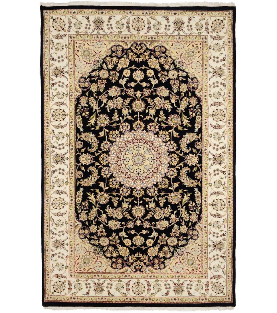 Hand-Knotted 5'3 x 8'3 Indo-Nain Floral Wool Rug: Hand-Knotted 5'3 x 8'3 Indo-Nain Floral Wool Rug Enhance your home decor with this exquisite 5'3" x 8'3" Indo-Nain Black Oriental Rug, featuring a classic floral design. This hand-knotted rug is made 