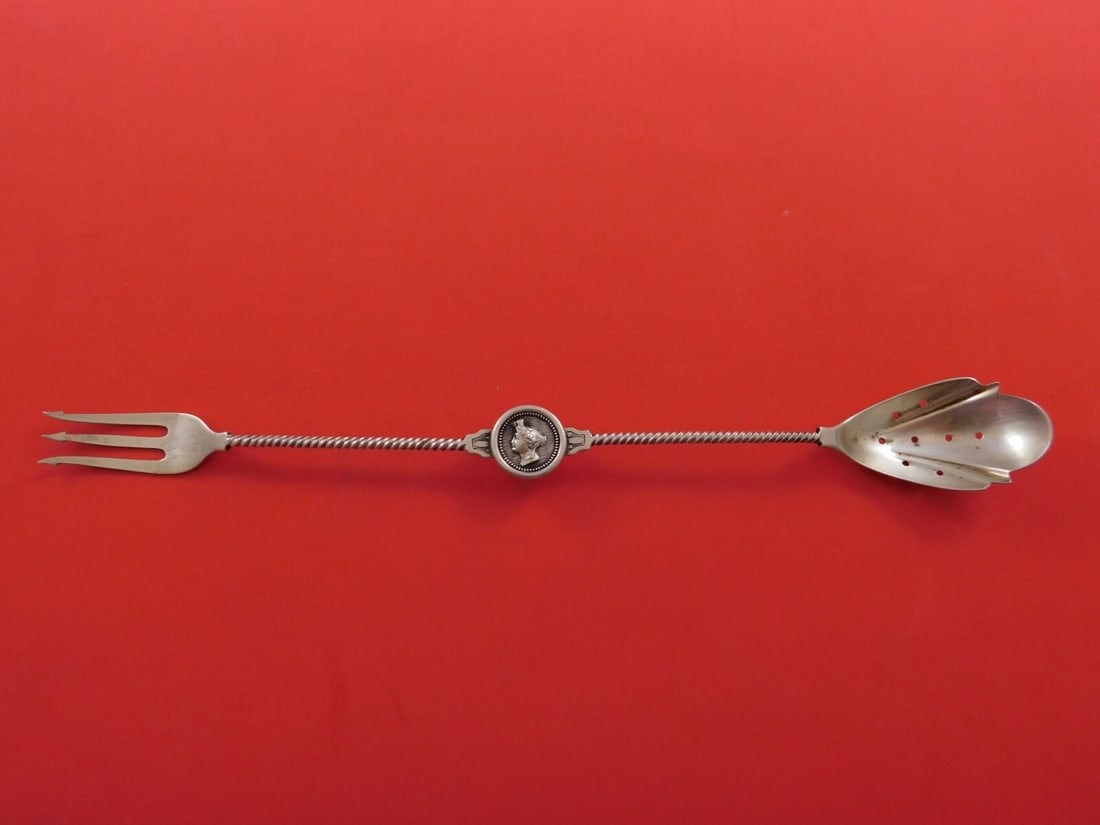 Sterling Silver 10" Medallion Olive Spoon Fork Combo Monogrammed: Sterling Silver 10" Medallion Olive Spoon Fork Combo Monogrammed This exquisite 10" serving utensil combines the elegance of a fork and an olive spoon in the classic Medallion pattern, dating back to 