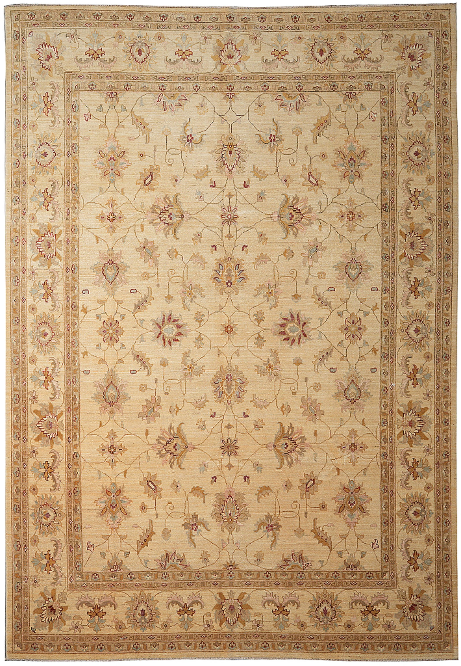 9 x 12 Handmade Chobi Ziglar Wool Rug Beige Rust Olive Gold Pakistan: 9 x 12 Handmade Chobi Ziglar Wool Rug Beige Rust Olive Gold Pakistan Free continental US Shipping This handmade Chobi Ziglar area rug features a sophisticated floral and vine pattern in beige with acc