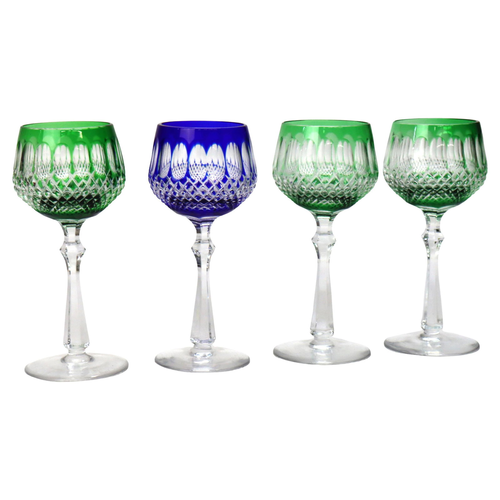 Set of 4 Bohemian Cut-to-Clear Crystal Wine Glasses Emerald and Cobalt Circa 1910: Set of 4 Bohemian Cut-to-Clear Crystal Wine Glasses Emerald and Cobalt Circa 1910 This set consists of four antique Bohemian cut-to-clear crystal wine stem glasses from the early 20th century, featuri