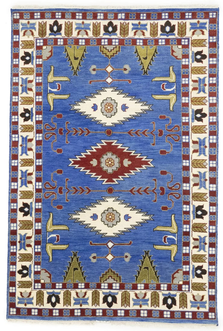 Hand-Knotted Blue Geometric Kazak Wool Rug 6'0 x 8'11 Modern Tribal Style: Hand-Knotted Blue Geometric Kazak Wool Rug 6'0 x 8'11 Modern Tribal Style Enhance your living or dining space with this exquisite Farmhouse Boho Geometric Kazak Oriental Rug. Measuring 6'0 x 8'11, thi