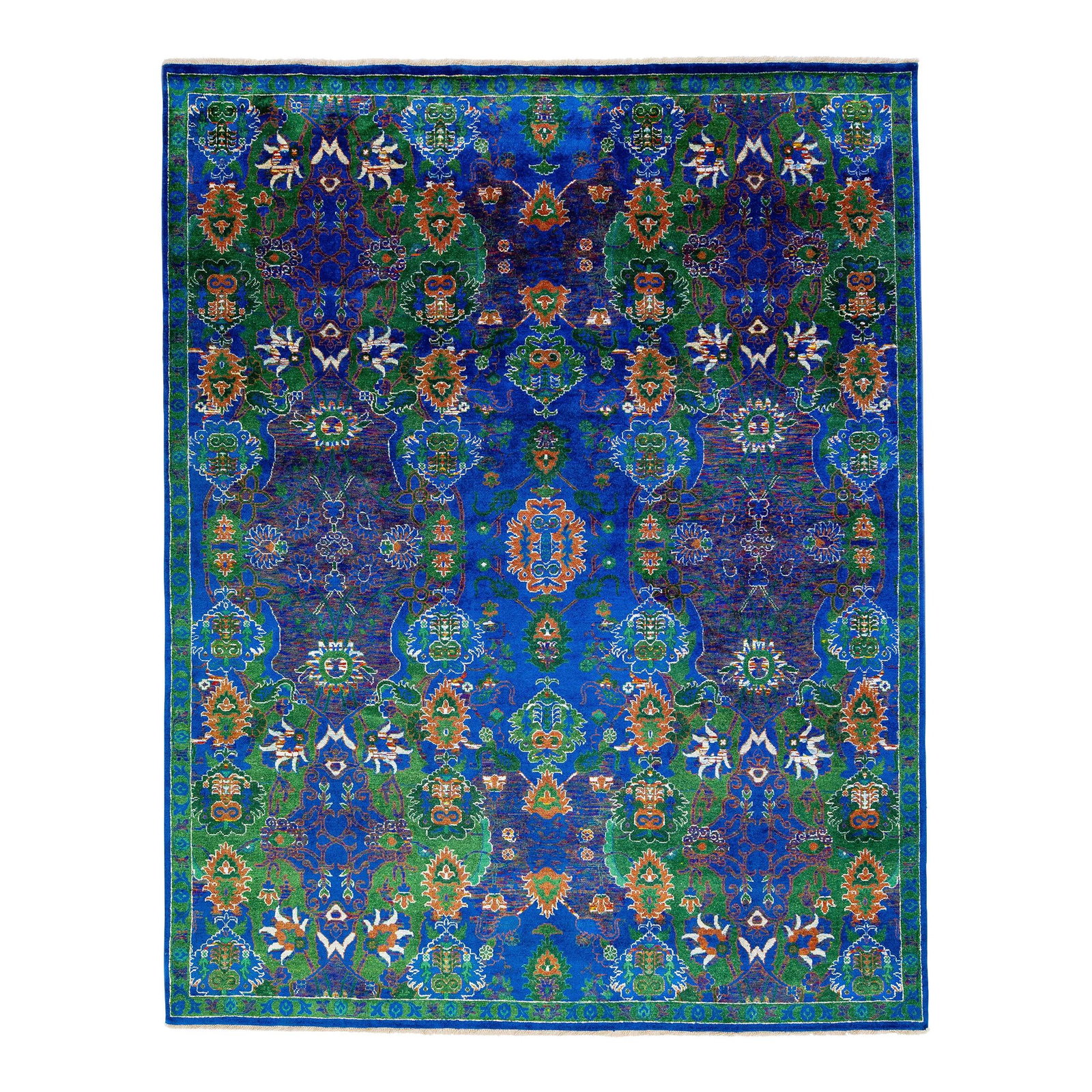 2010s Luxurious Blue Green Floral Wool Silk Rug 8' x 10': 2010s Luxurious Blue Green Floral Wool Silk Rug 8' x 10' Elevate your living space with this luxurious abstract modern area rug, expertly woven from a blend of Indian wool and silk. The stunning blue 