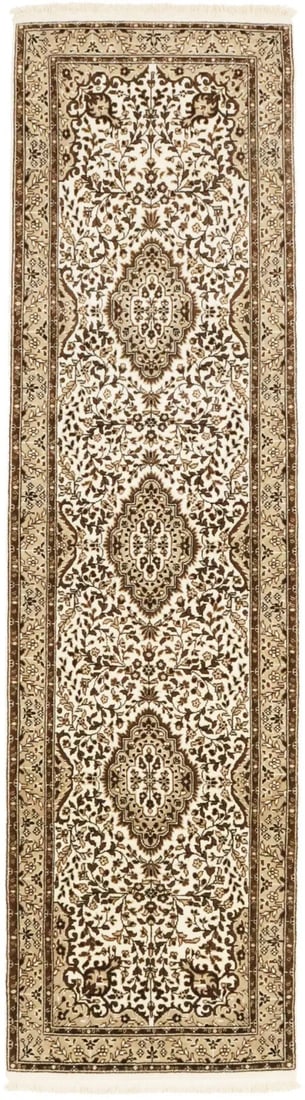Hand-Knotted Wool Kirman Floral Runner 2'6 x 9'6: Hand-Knotted Wool Kirman Floral Runner 2'6 x 9'6 This handmade Kirman oriental runner rug features an intricate floral pattern in cream, brown, and khaki tones. Crafted from high-quality wool, the rug