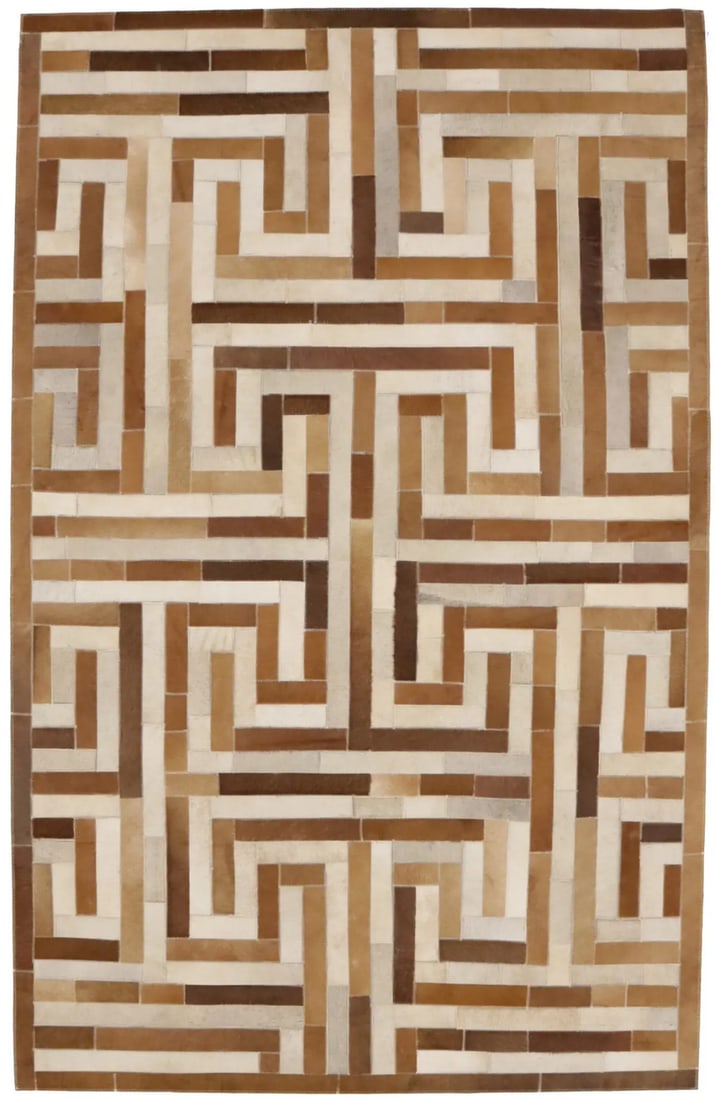 Handcrafted Modern Cowhide Leather Rug 5' x 8' Geometric Pattern: Handcrafted Modern Cowhide Leather Rug 5' x 8' Geometric Pattern Enhance your space with this Handcrafted Brown Beige Cowhide Leather Rug, featuring a striking geometric pattern that complements moder