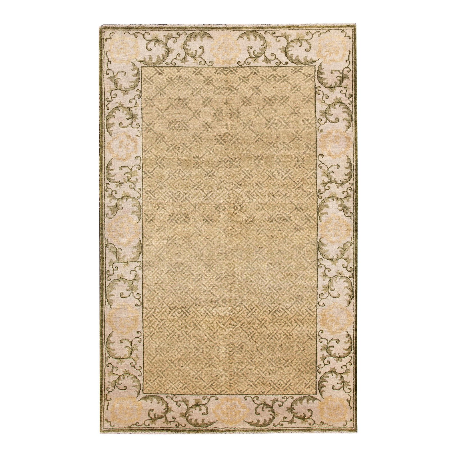 Handmade Tan Green Wool Rug 5'8 x 9 Allover Design: Handmade Tan Green Wool Rug 5'8 x 9 Allover Design Enhance your living space with this exquisite Modern Spanish Handmade Wool Rug, featuring a captivating all-over geometric design. The rug showcases 