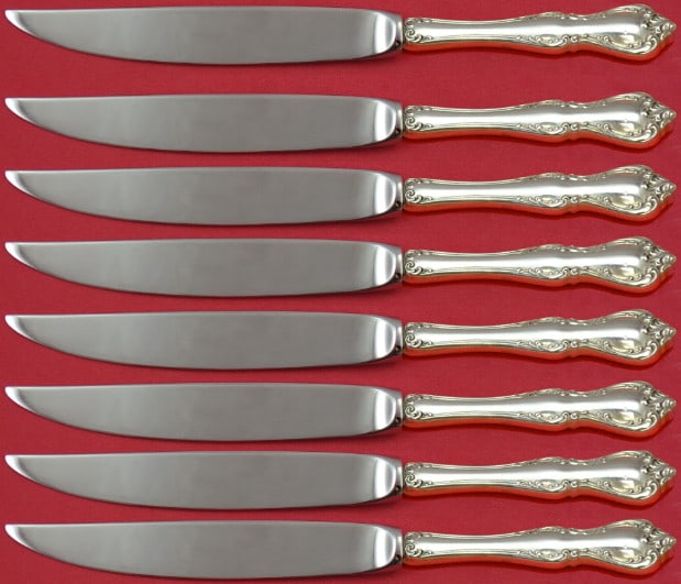 Towle Debussy Sterling Silver Steak Knife Set 8pc Non-Serrated: Towle Debussy Sterling Silver Steak Knife Set 8pc Non-Serrated Enhance your dining experience with this exquisite set of 8 steak knives from the Debussy pattern by Towle. These knives feature a sterli