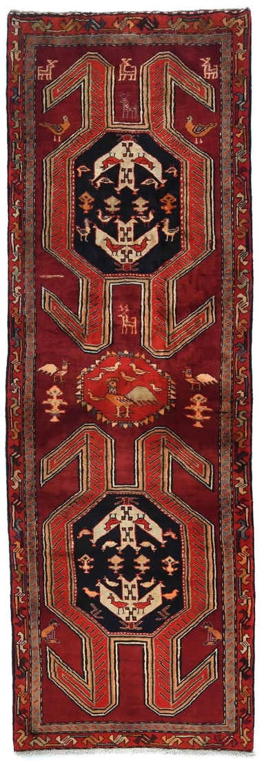 Hand-Knotted Wool Vintage Pictorial Runner Rug 3'6 x 10'5: Hand-Knotted Wool Vintage Pictorial Runner Rug 3'6 x 10'5 Enhance your space with this exquisite Handmade Pictorial Design Wool Oriental Runner Rug, measuring 3'6" x 10'5". This vintage rug features a