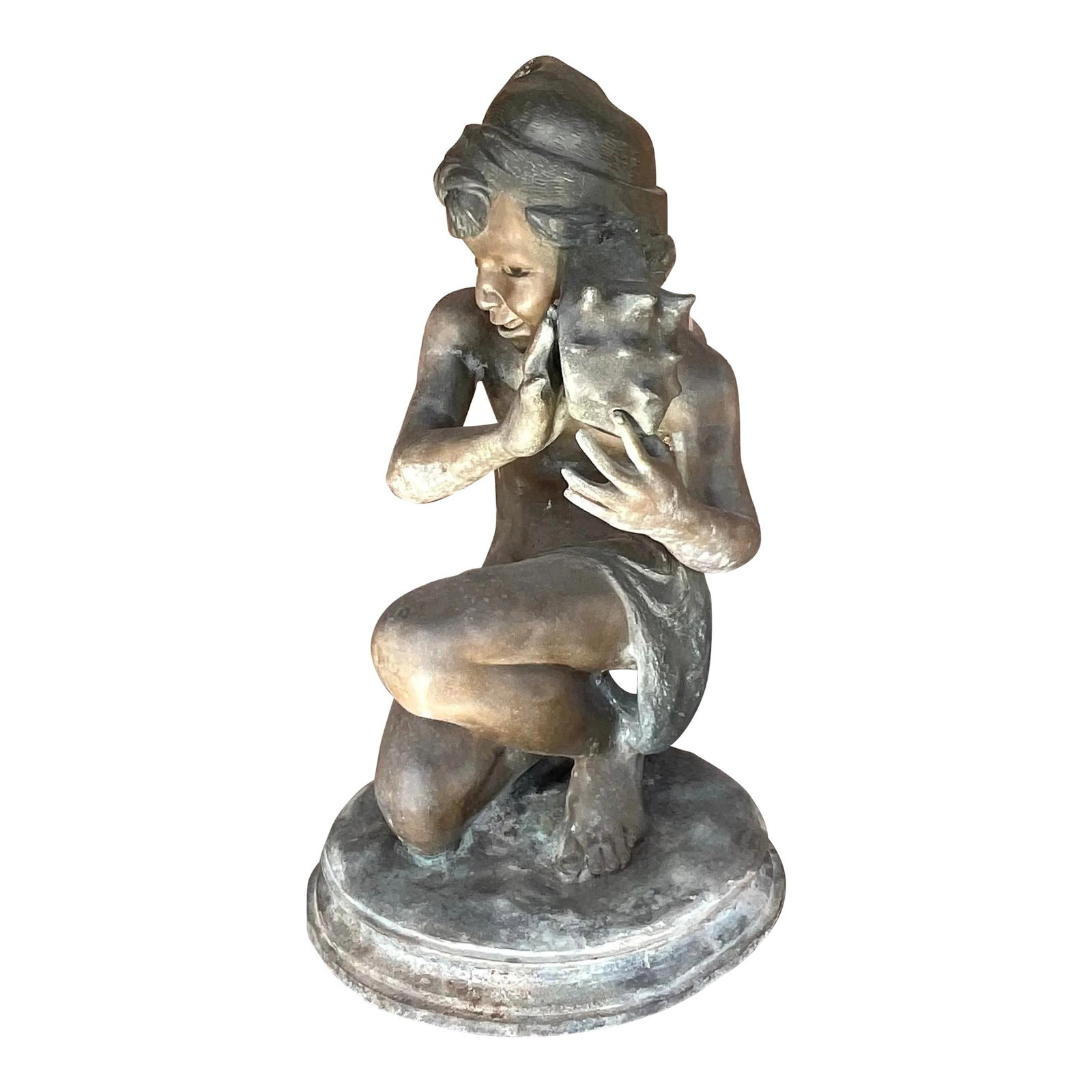 Jean-Baptiste Carpeaux Vintage Patinated Bronze Sculpture 37": Jean-Baptiste Carpeaux Vintage Patinated Bronze Sculpture 37" This exquisite vintage sculpture by Jean-Baptiste Carpeaux depicts a young man with a shell, showcasing the artist's iconic style. Crafted