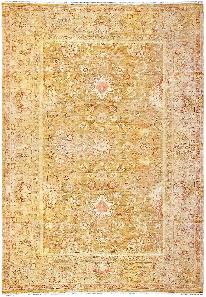 12.3 x 18 Zigler Chobi Hand-Knotted Rug in Sage Gold: 12.3 x 18 Zigler Chobi Hand-Knotted Rug in Sage Gold Free continental US Shipping Introducing the stunning 12' x 18' Zigler Chobi Hand-Knotted Rug in a sophisticated Sage Gold hue. This exquisite area